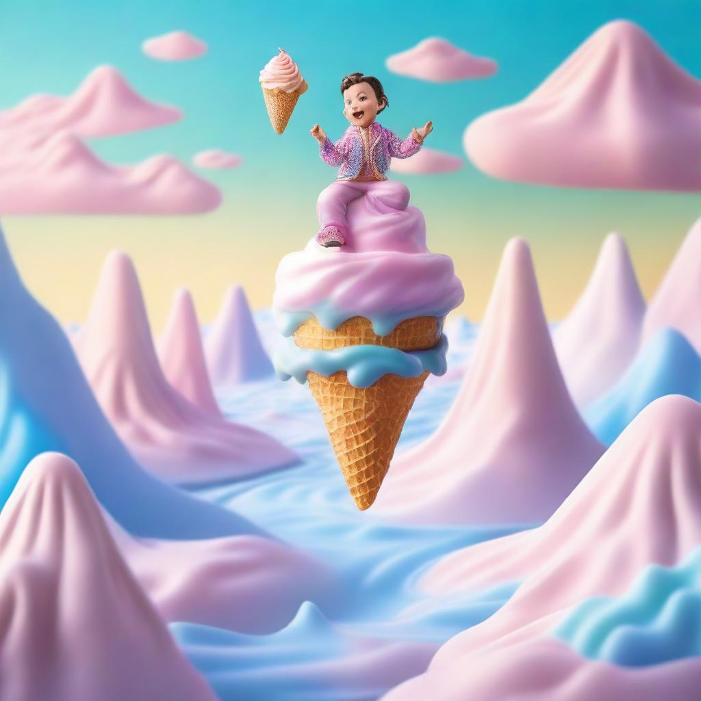 This is a realistic photograph featuring Tom Thumb in an ice cream realm