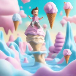 This is a realistic photograph featuring Tom Thumb in an ice cream realm