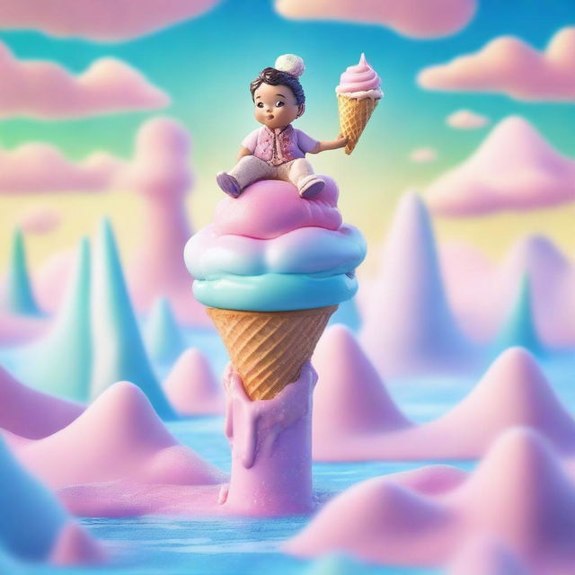 This is a realistic photograph featuring Tom Thumb in an ice cream realm