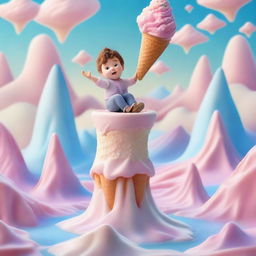 This is a realistic photograph featuring Tom Thumb in an ice cream realm