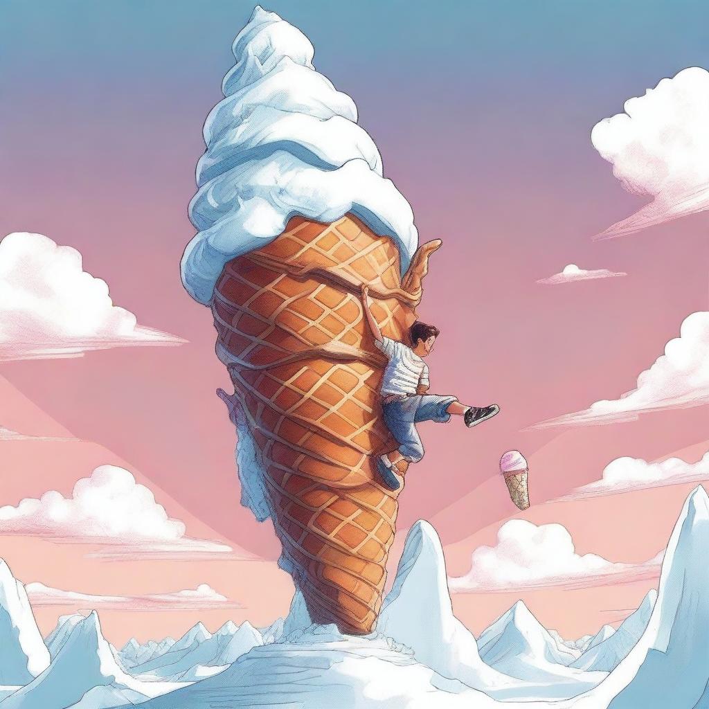 A high-quality digital art piece depicts a teenager climbing a giant ice cream cone