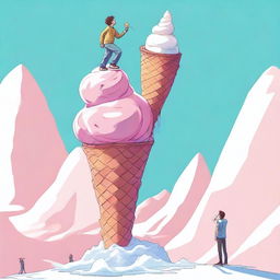 A high-quality digital art piece depicts a teenager climbing a giant ice cream cone