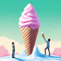 A high-quality digital art piece depicts a teenager climbing a giant ice cream cone