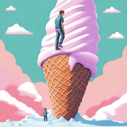 A high-quality digital art piece depicts a teenager climbing a giant ice cream cone