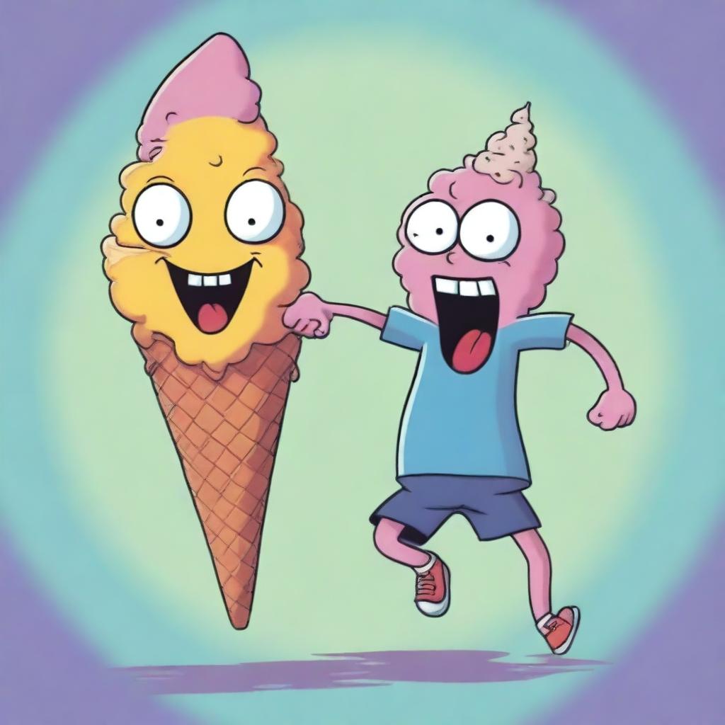 A vividly colored cartoon image portrays a teenager being chased by an evil ice cream