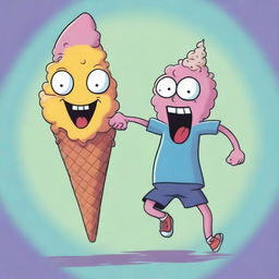 A vividly colored cartoon image portrays a teenager being chased by an evil ice cream