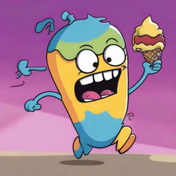 A vividly colored cartoon image portrays a teenager being chased by an evil ice cream