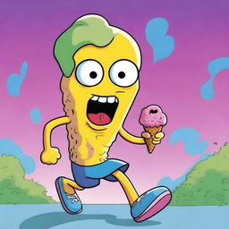 A vividly colored cartoon image portrays a teenager being chased by an evil ice cream