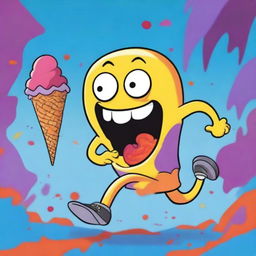 A vividly colored cartoon image portrays a teenager being chased by an evil ice cream