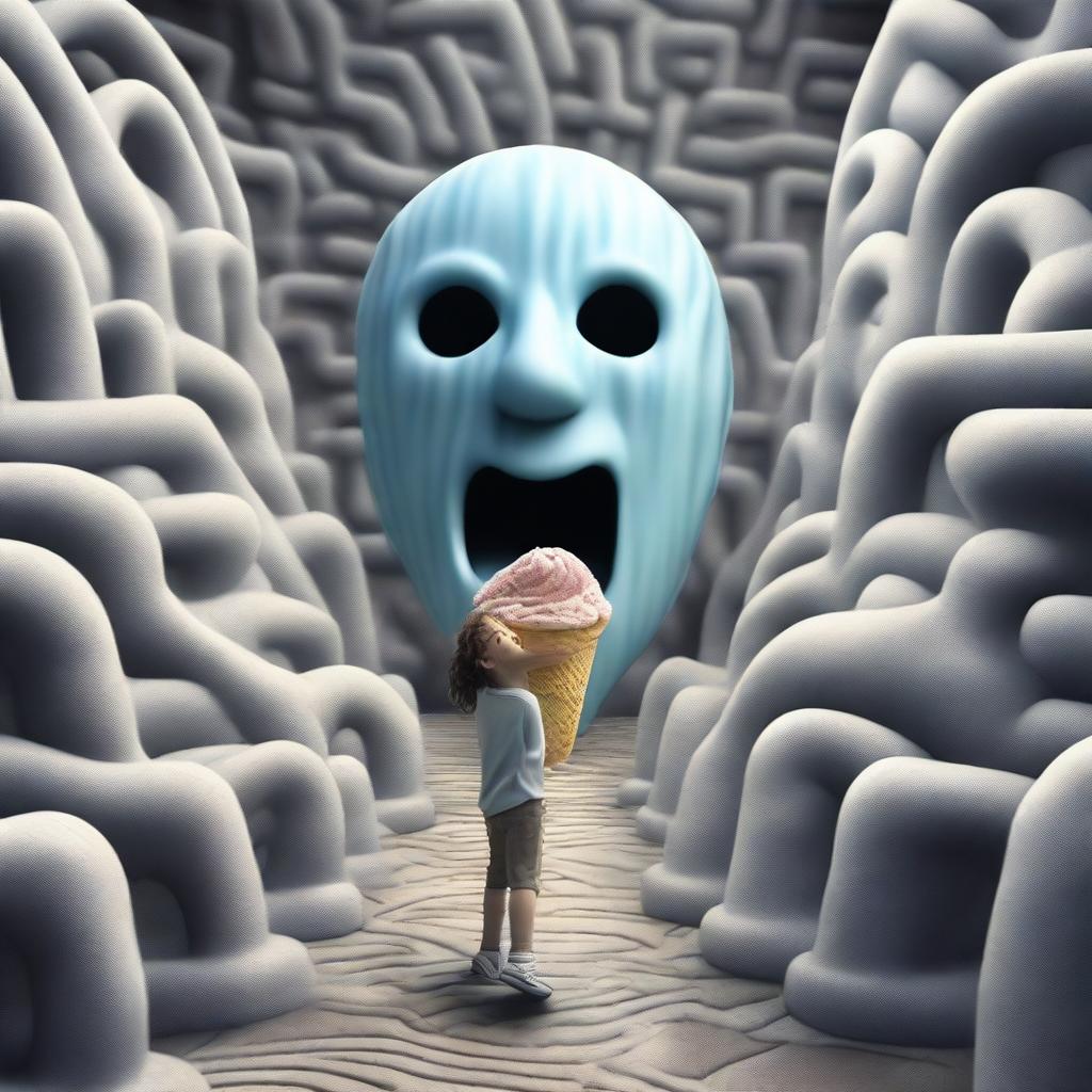 A high-quality realistic image portrays a big, angry, and scary ice cream chasing a teenager through a labyrinth on a cloudy day