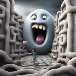 A high-quality realistic image portrays a big, angry, and scary ice cream chasing a teenager through a labyrinth on a cloudy day