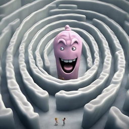 A high-quality realistic image portrays a big, angry, and scary ice cream chasing a teenager through a labyrinth on a cloudy day