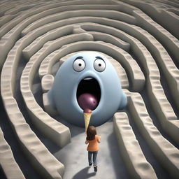 A high-quality realistic image portrays a big, angry, and scary ice cream chasing a teenager through a labyrinth on a cloudy day