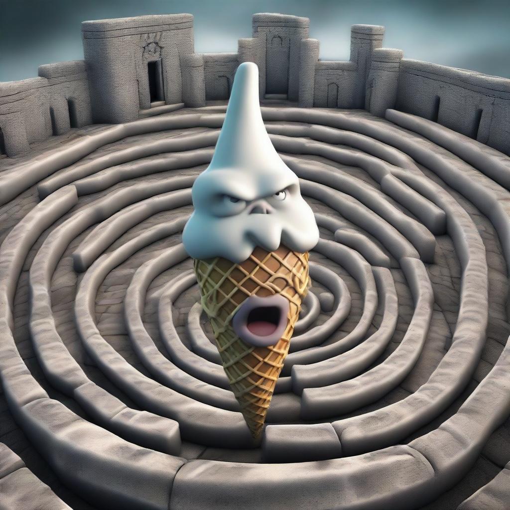 A highly detailed, realistic image shows a large, angry, and frightening ice cream cone chasing a teenager within a labyrinth on a cloudy day