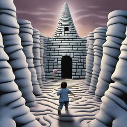 A highly detailed, realistic image shows a large, angry, and frightening ice cream cone chasing a teenager within a labyrinth on a cloudy day