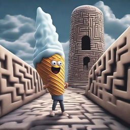 A highly detailed, realistic image shows a large, angry, and frightening ice cream cone chasing a teenager within a labyrinth on a cloudy day