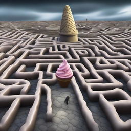 A highly detailed, realistic image shows a large, angry, and frightening ice cream cone chasing a teenager within a labyrinth on a cloudy day