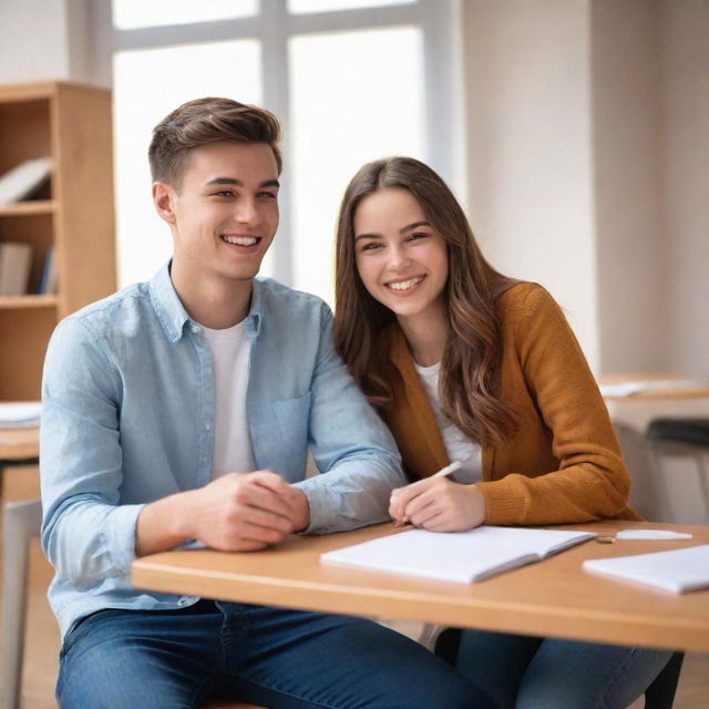 Animated image of a youthful student couple. They are both happily engaged in studying and their body language radiates warmth and camaraderie.