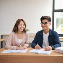 Animated image of a youthful student couple. They are both happily engaged in studying and their body language radiates warmth and camaraderie.