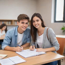 Animated image of a youthful student couple. They are both happily engaged in studying and their body language radiates warmth and camaraderie.