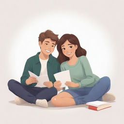 Animated image of a youthful student couple. They are both happily engaged in studying and their body language radiates warmth and camaraderie.