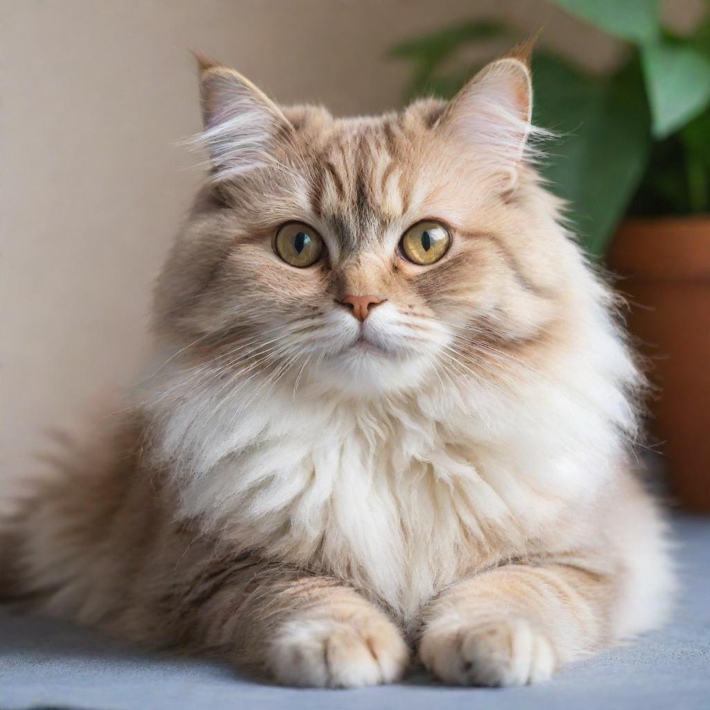 A cute, fluffy cat with sparkling eyes, sat in a relaxed posture