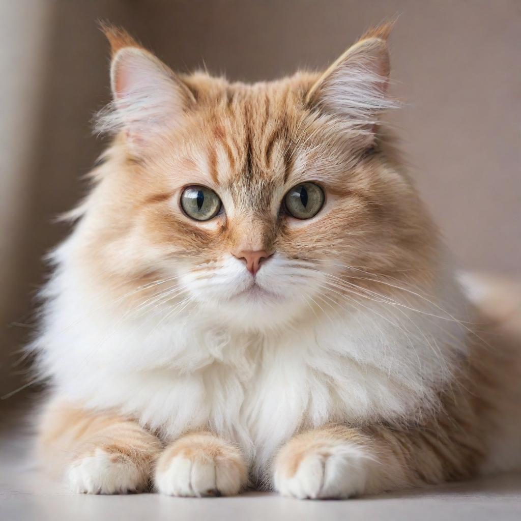 A cute, fluffy cat with sparkling eyes, sat in a relaxed posture