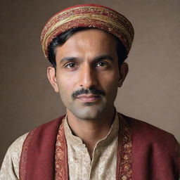 A portrait of a Pakistani man with traditional attire, demonstrating warmth and cultural richness