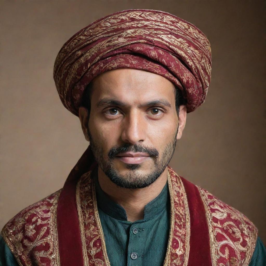 A portrait of a Pakistani man with traditional attire, demonstrating warmth and cultural richness