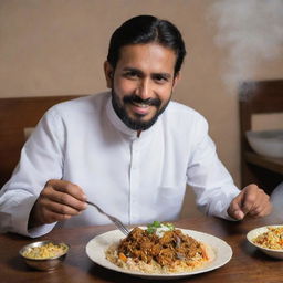 A Pakistani man in traditional attire, sitting at a wooden table and enjoying a steaming plate of Biryani, demonstrating both a sense of cultural tradition and culinary delight