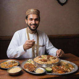 A Pakistani man in traditional attire, sitting at a wooden table and enjoying a steaming plate of Biryani, demonstrating both a sense of cultural tradition and culinary delight