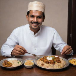 A Pakistani man in traditional attire, sitting at a wooden table and enjoying a steaming plate of Biryani, demonstrating both a sense of cultural tradition and culinary delight