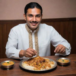 A Pakistani man in traditional attire, sitting at a wooden table and enjoying a steaming plate of Biryani, demonstrating both a sense of cultural tradition and culinary delight