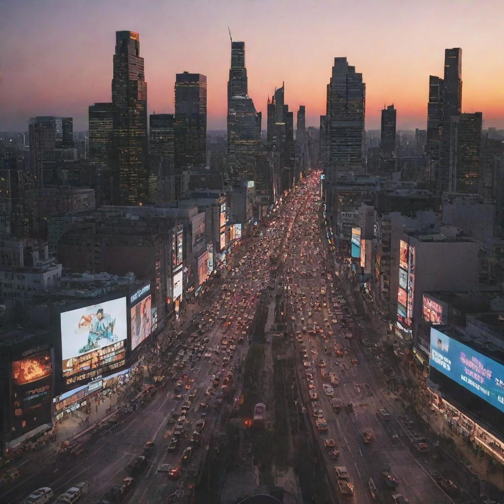 An aerial view of a bustling big city at dusk, with high rise buildings, busy streets filled with people and vehicles, illuminated billboards, and a striking sunset in the background.