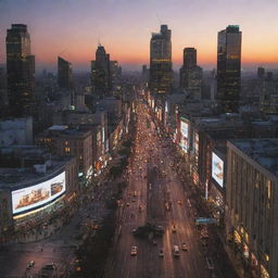 An aerial view of a bustling big city at dusk, with high rise buildings, busy streets filled with people and vehicles, illuminated billboards, and a striking sunset in the background.