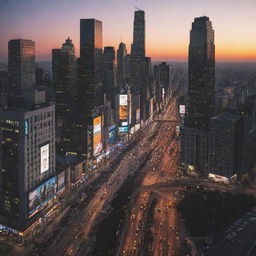 An aerial view of a bustling big city at dusk, with high rise buildings, busy streets filled with people and vehicles, illuminated billboards, and a striking sunset in the background.