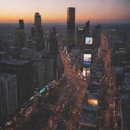 An aerial view of a bustling big city at dusk, with high rise buildings, busy streets filled with people and vehicles, illuminated billboards, and a striking sunset in the background.