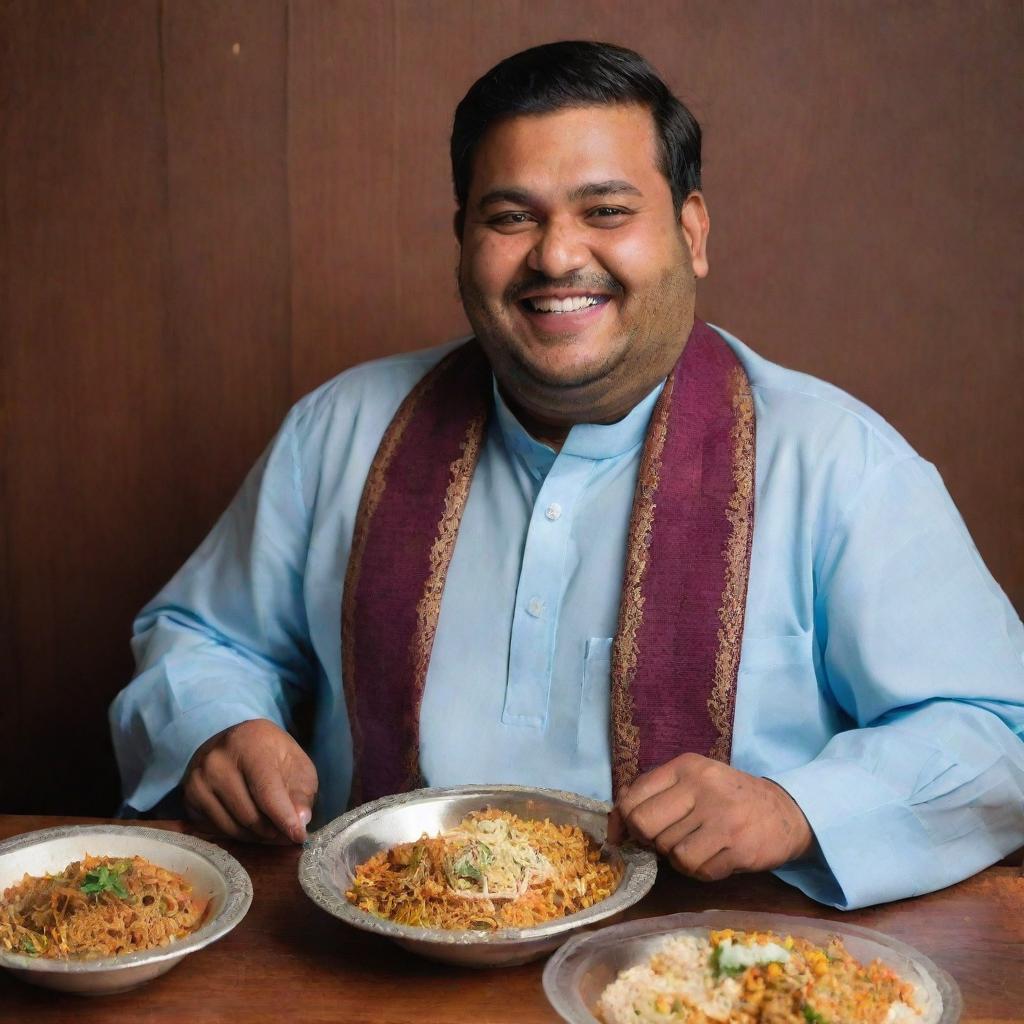 A portly Pakistani man, noticeably fuller after enjoying countless plates of Biryani, still in his traditional attire, seated at the wooden table with a satisfied smile on his face