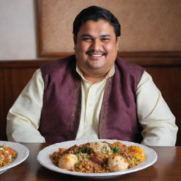 A portly Pakistani man, noticeably fuller after enjoying countless plates of Biryani, still in his traditional attire, seated at the wooden table with a satisfied smile on his face