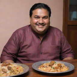 A portly Pakistani man, noticeably fuller after enjoying countless plates of Biryani, still in his traditional attire, seated at the wooden table with a satisfied smile on his face