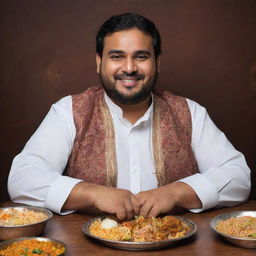 A portly Pakistani man, noticeably fuller after enjoying countless plates of Biryani, still in his traditional attire, seated at the wooden table with a satisfied smile on his face