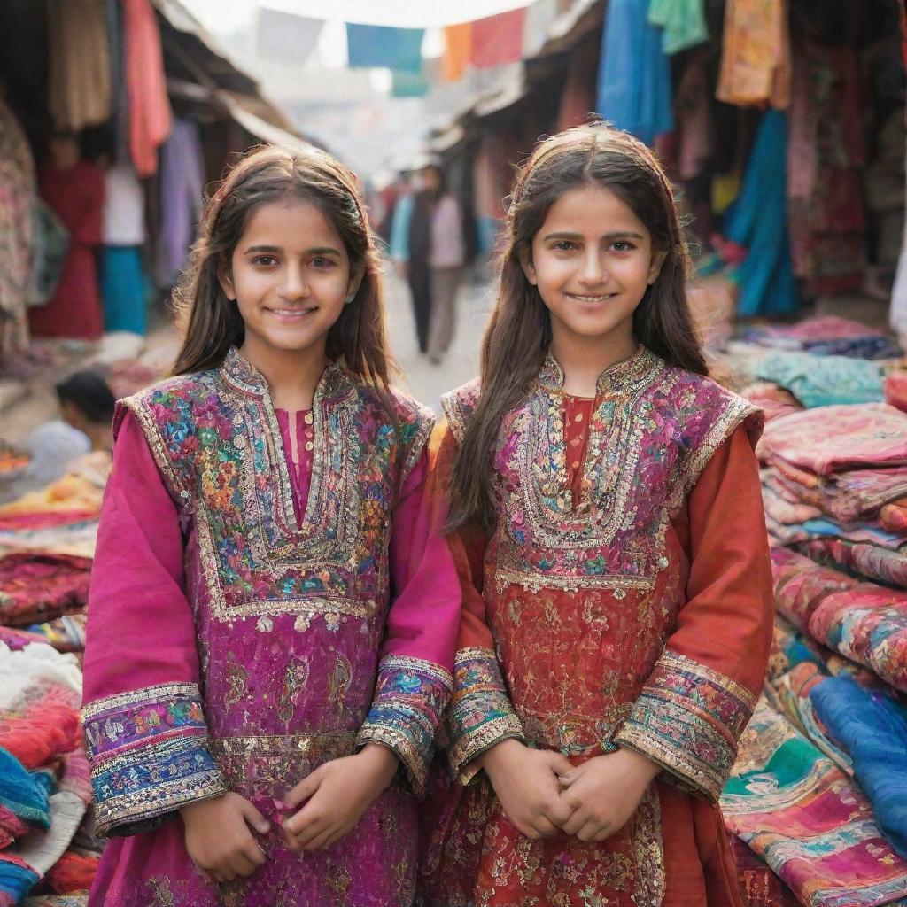 Two young girls in traditional Pakistani attire, in a vibrant local market with colorful textiles and handcrafts in the background.