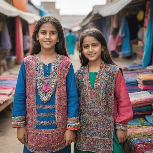 Two young girls in traditional Pakistani attire, in a vibrant local market with colorful textiles and handcrafts in the background.