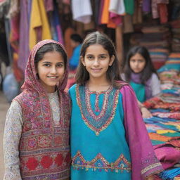 Two young girls in traditional Pakistani attire, in a vibrant local market with colorful textiles and handcrafts in the background.