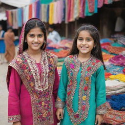 Two young girls in traditional Pakistani attire, in a vibrant local market with colorful textiles and handcrafts in the background.