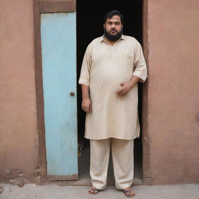 A considerably overweight Pakistani man in traditional attire, standing helplessly outside his home, having been unable to fit through the doorway due to his size after consuming copious amounts of Biryani