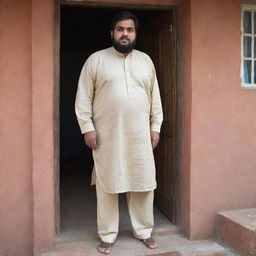 A considerably overweight Pakistani man in traditional attire, standing helplessly outside his home, having been unable to fit through the doorway due to his size after consuming copious amounts of Biryani