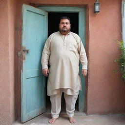 A considerably overweight Pakistani man in traditional attire, standing helplessly outside his home, having been unable to fit through the doorway due to his size after consuming copious amounts of Biryani