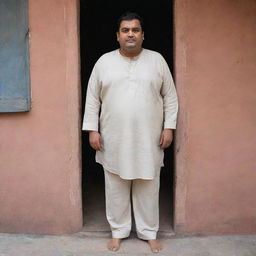 A considerably overweight Pakistani man in traditional attire, standing helplessly outside his home, having been unable to fit through the doorway due to his size after consuming copious amounts of Biryani