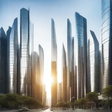 In the futuristic city, buildings were made of a fine metallic material that shimmered in the sunlight.